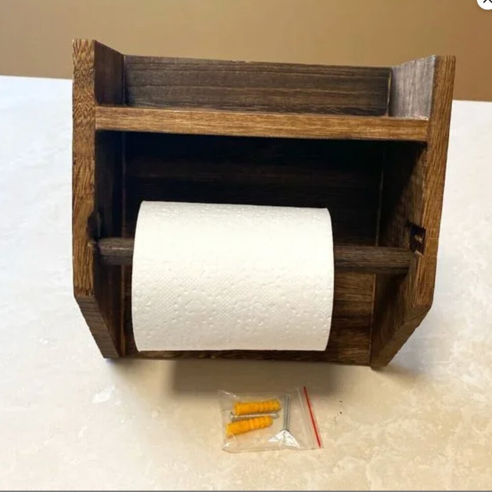 Rustic Wood Wall Mount Toilet Paper Holder with Phone Storage Shelf, NWOT